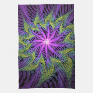 Purple Green Flower Modern Abstract Fractal Art Tea Towel