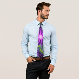 Purple Green Flower Modern Abstract Fractal Art Tie