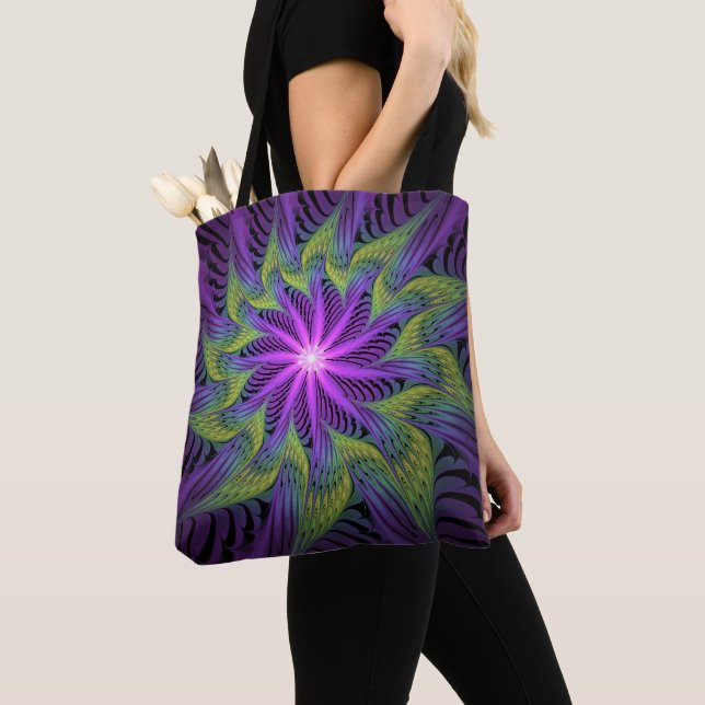 Purple Green Flower Modern Abstract Fractal Art Tote Bag (Close Up)