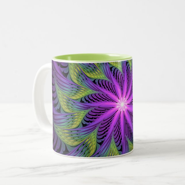 Purple Green Flower Modern Abstract Fractal Art Two-Tone Coffee Mug (Front Left)