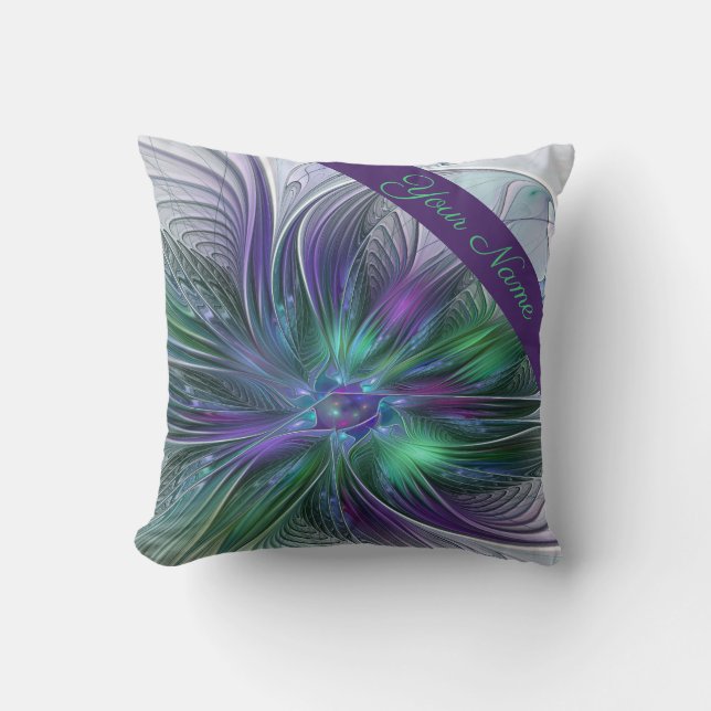 Purple Green Flower Modern Abstract Fractal Name Cushion (Front)