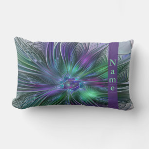 Purple Green Flower Modern Abstract Fractal Name Lumbar Cushion