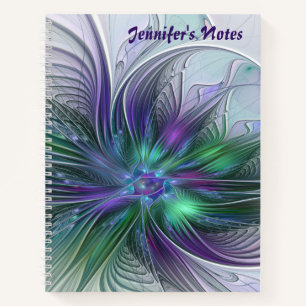 Purple Green Flower Modern Abstract Fractal Name Notebook