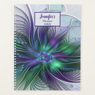 Purple Green Flower Modern Abstract Fractal Name Planner