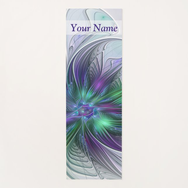 Purple Green Flower Modern Abstract Fractal Name Yoga Mat (Front)
