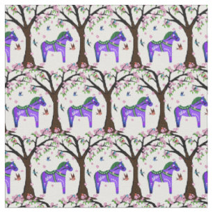 Purple/Green Folk Dala horse/Folk birds/flowers Fabric