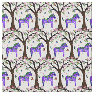Purple/Green Folk Dala horse/Folk birds/flowers Fabric