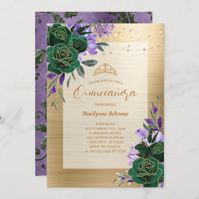 Purple Green Gold Floral Quinceañera Invitation (Front/Back)