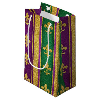 PURPLE GREEN GOLD GLITTER LOOK MARDI GRAS SMALL GIFT BAG