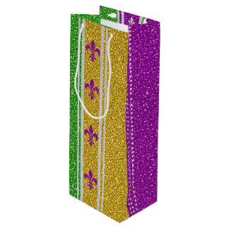PURPLE GREEN GOLD GLITTER LOOK MARDI GRAS WINE GIFT BAG