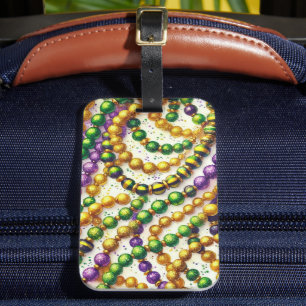 PURPLE GREEN GOLD MARDI GRAS BEADS LUGGAGE TAG