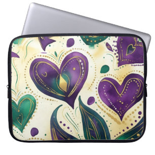 PURPLE GREEN GOLD MARDI GRAS HEARTS LAPTOP SLEEVE