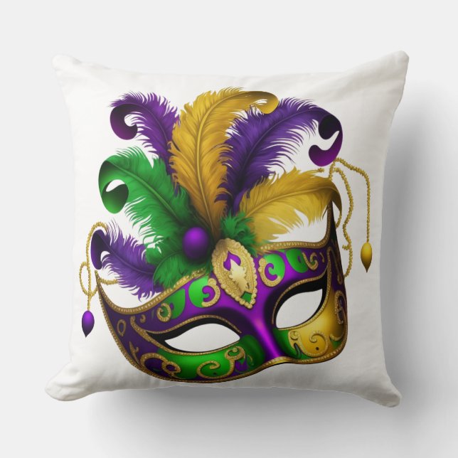 PURPLE GREEN GOLD MARDI GRAS MASK CUSHION (Front)