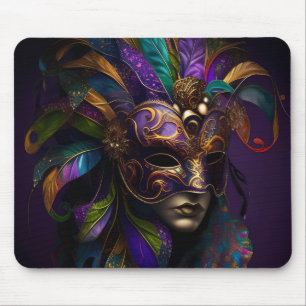 PURPLE GREEN GOLD MARDI GRAS MASK & FEATHERS MOUSE PAD