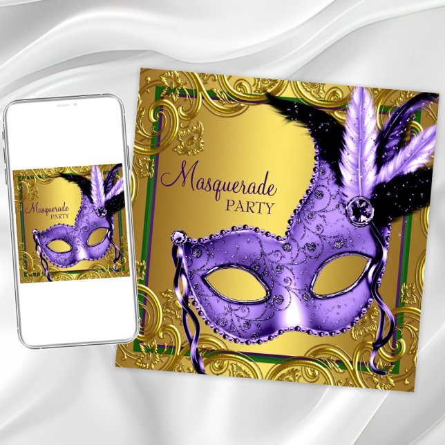 Purple Green Gold Mardi Gras Masquerade Party Invitation (Any occasion masquerade party invitation. Perfect for Mardi Gras theme prom or party.)