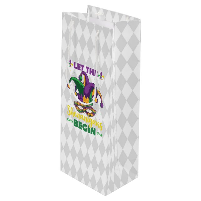 PURPLE GREEN GOLD MARDI GRAS SHENANIGANS WINE GIFT BAG (Front Angled)