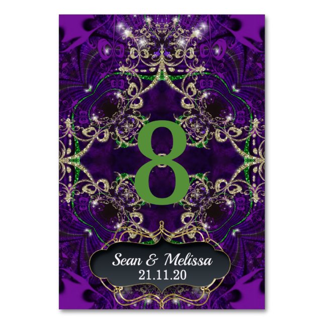 Purple Green Gold Sparkle Table Number Card (Back)
