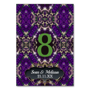 Purple Green Gold Sparkle Unique Event  Table Number