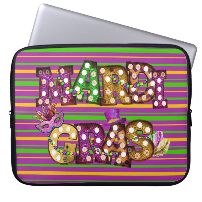 PURPLE GREEN GOLD STRIPES & MARDI GRAS SIGN LAPTOP SLEEVE (Front)