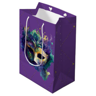 PURPLE GREEN GOLD WATERCOLOR MARDI GRAS MASK MEDIUM GIFT BAG