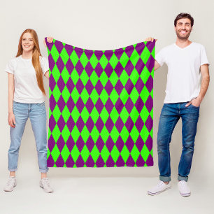 Purple Green Harlequin Checkered Design Fleece Blanket