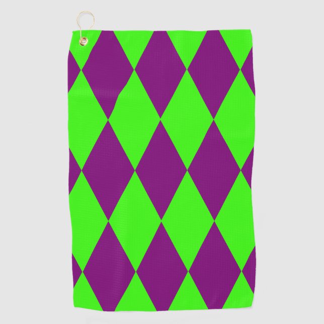 Purple Green Harlequin Checkered Design  Golf Towel (Front)