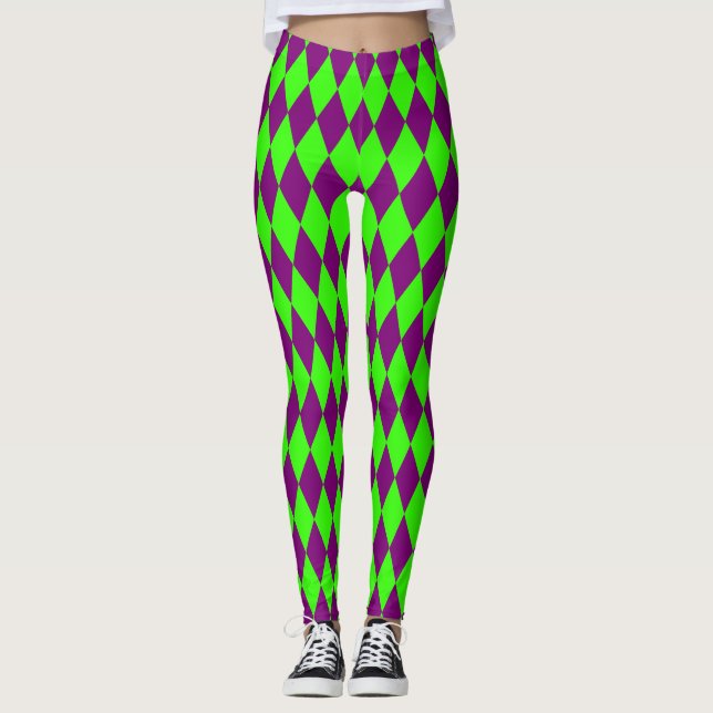 Purple Green Harlequin Checkered Design  Leggings (Front)