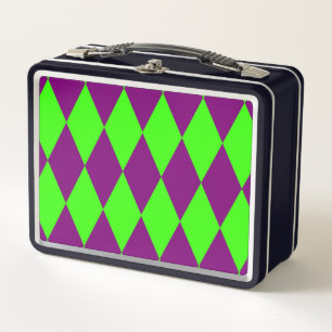 Purple Green Harlequin Checkered Design Metal Lunch Box