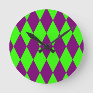 Purple Green Harlequin Checkered Design Round Clock