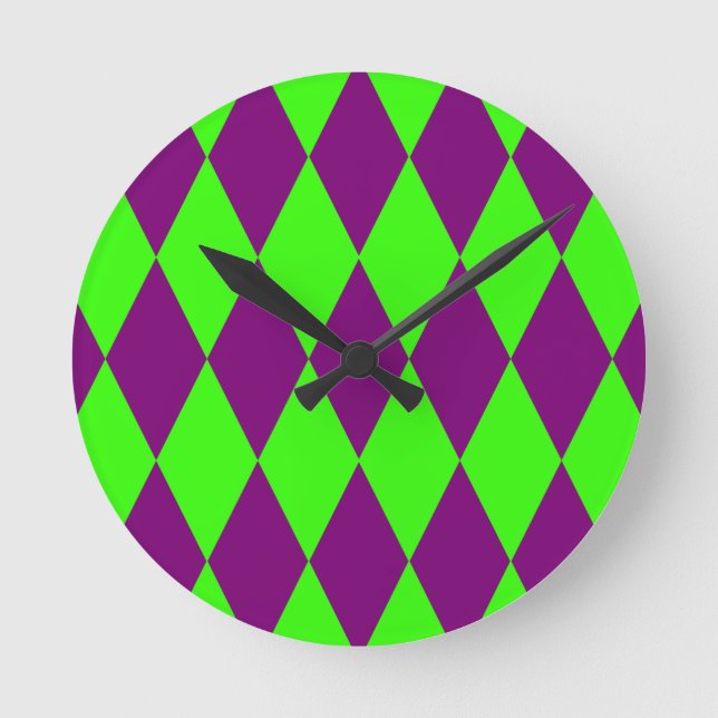 Purple Green Harlequin Checkered Design  Round Clock (Front)