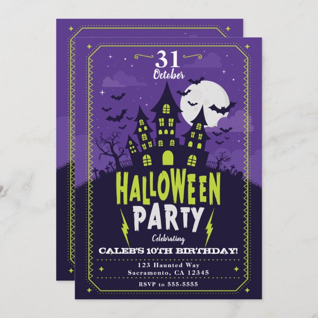 Purple & Green Haunted House Halloween Party Invitation (Front/Back)