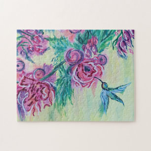 Purple Green Hummingbird Painting Jigsaw Puzzle