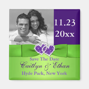 Purple, Green Joined Hearts Save the Date Magnet