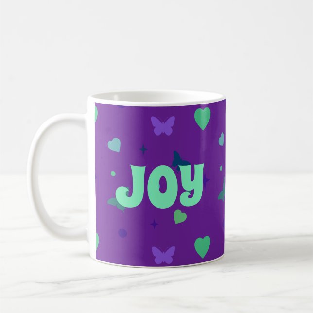 purple green joy coffee mug (Left)