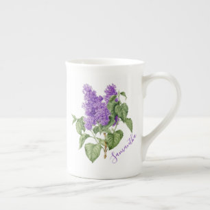 Purple Green Lilac Flower Custom Name Botanical Bone China Mug