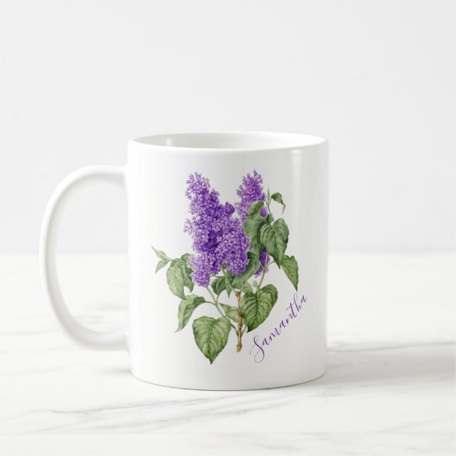 Purple Green Lilac Flower Custom Name Botanical Coffee Mug (Left)