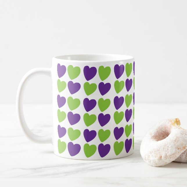 Purple Green Love Hearts Coffee Mug (With Donut)