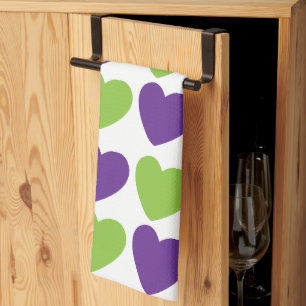Purple Green Love Hearts  Tea Towel