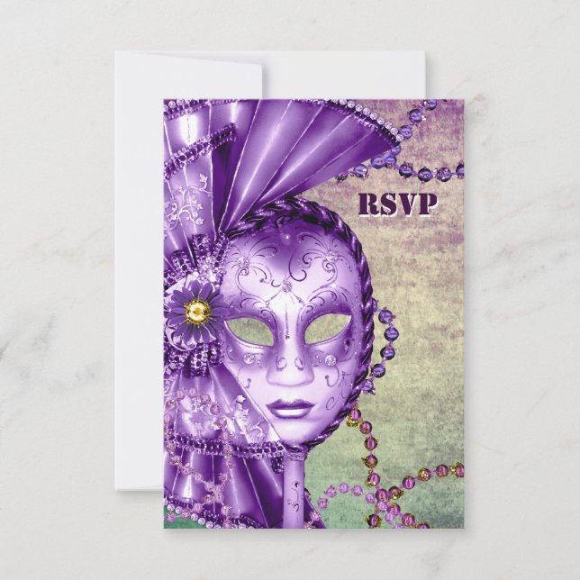 Purple Green Mardi Gras Beads Mask Masquerade RSVP (Front)