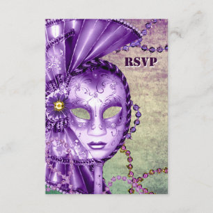 Purple Green Mardi Gras Beads Mask Masquerade RSVP Card
