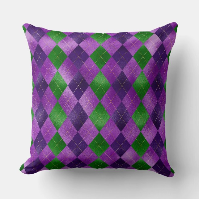 PURPLE & GREEN MARDI GRAS DIAMOND PATTERNS CUSHION (Front)