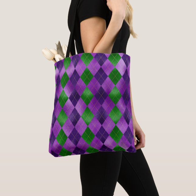 PURPLE & GREEN MARDI GRAS DIAMOND PATTERNS TOTE BAG (Close Up)