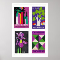 Purple & Green Matchbox Labels Grid Print, Vintage