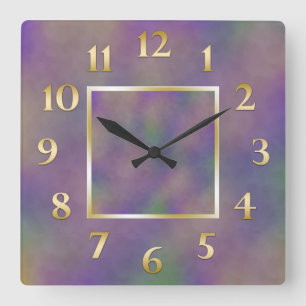 Purple Green Metallic Gold Square Wall Clock