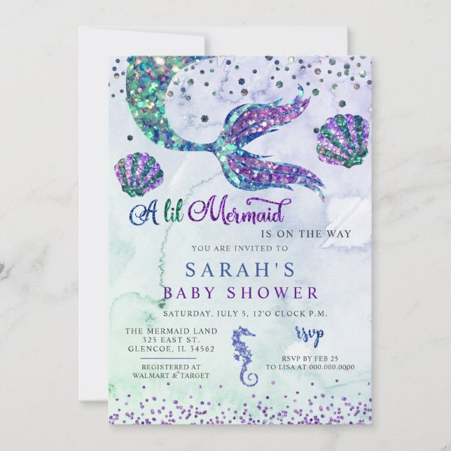 Purple Green Modern Glitter Mermaid Baby Shower Invitation (Front)