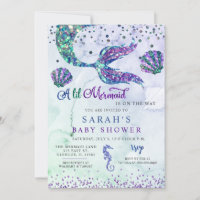 Purple Green Modern Glitter Mermaid Baby Shower