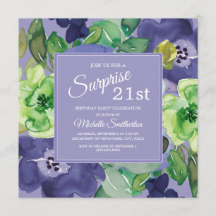 Purple Green Navy Watercolor Floral 21st Birthday Invitation