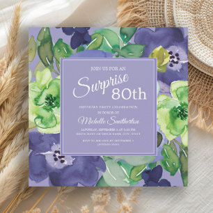 Purple Green Navy Watercolor Floral 80th Birthday Invitation