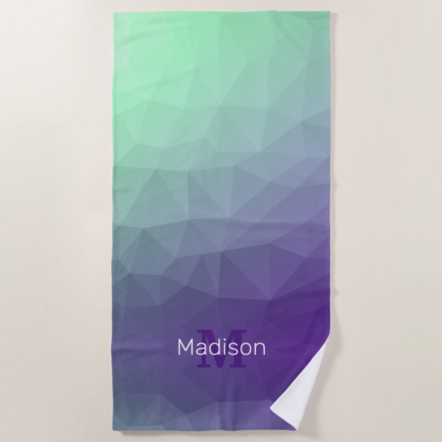 Purple green ombre geometric mesh pattern Monogram Beach Towel (Front)
