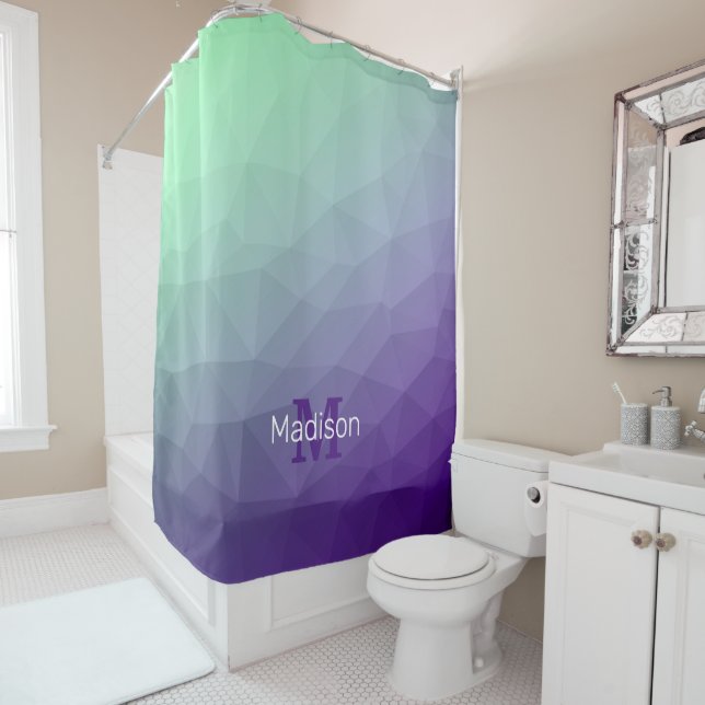 Purple green ombre geometric mesh pattern Monogram Shower Curtain (In Situ)